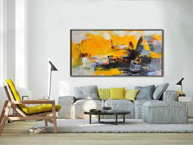 Large Abstract Painting On Canvas,Horizontal Palette Knife Contemporary Art Panoramic Canvas Painting,Modern Art Oil Painting,Yellow,Grey,Black.etc
